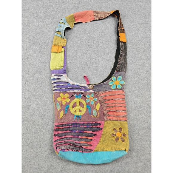 Source Unknown Handbags - Boho Patchwork Tote Bag Womens Large Multicolor Peace Sign Hippie Crossbody